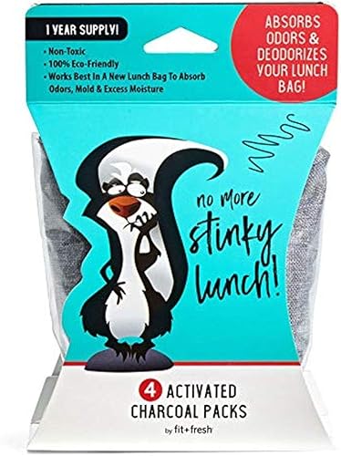 Fit + Carbón activado fresco, paquete de 4 (4 x 3.75 x 3.75 pulgadas) absorbe olores y desodoriza las bolsas de almuerzo, no tóxico y seguro para