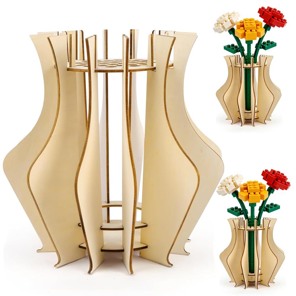 Kaovcxr Natural Wood Color Wooden Vase Compatible For Flowers Bouquet, Handmade 3D Puzzle Flower Vase For Building Block Botanicals, Daffodils, Sunflowers, Roses, Cherry Blossom, Tulips, Lotus - 20 X 20 Cm