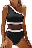 Holipick Women's One Shoulder One Piece Swimsuit Cutout Bathing Suits Mesh Slimming Swimwear for Teen Girls Medium Black and White