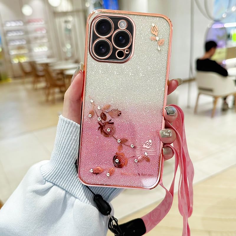 HAOFUGUI for Samsung Galaxy J5 Prime/On5 2016 Glitter Phone Case, Women Girls Electroplated Floral Cover, with Shiny Sequins Shockproof Design and Detachable Crossbody Lanyard Strap-Pink