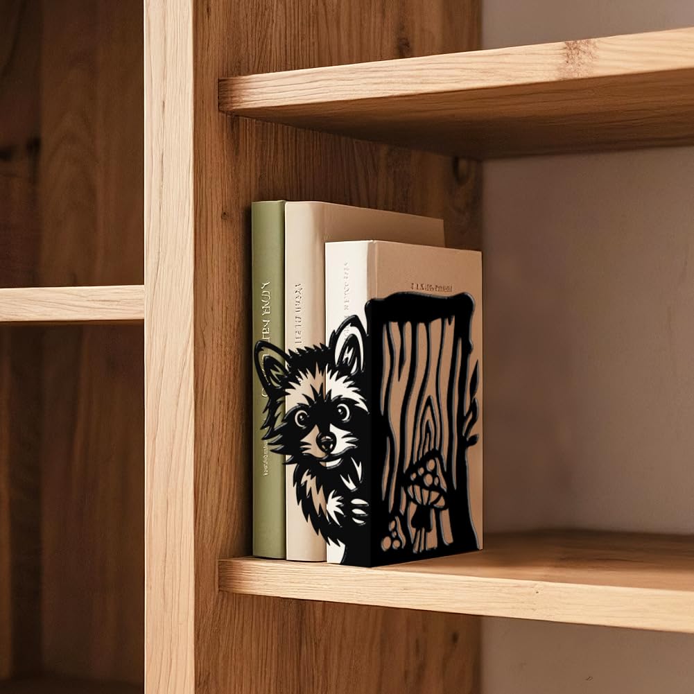 2 Stück Metall-Bücherstützen Schwarz Robuste Bücherregalhalter Dekorative Waschbären-Bücherstützen für Schreibtisch Büro, Zuhause und Bibliothek zur Aufbewahrung von kleinen schwere Büchern