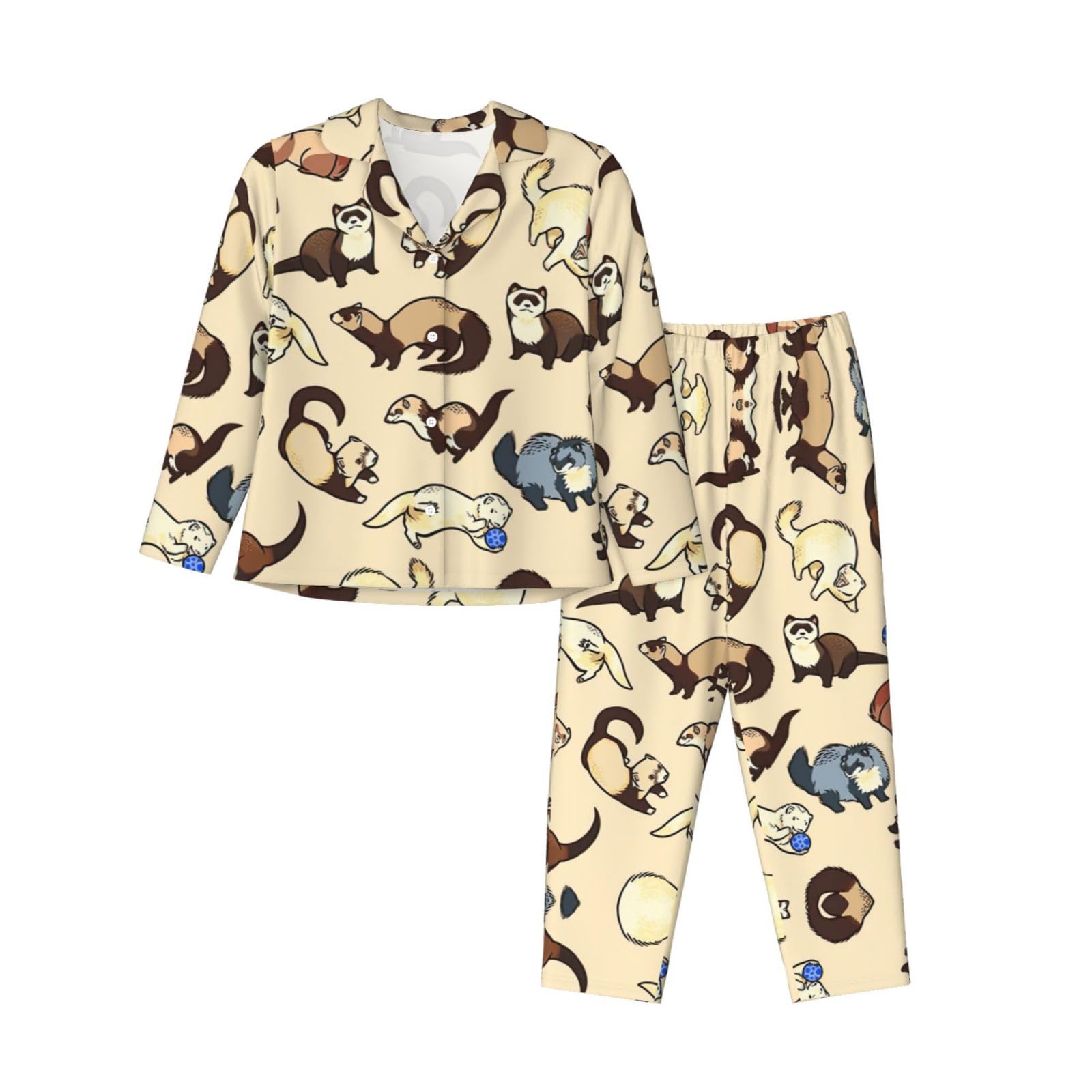 Edwal Women's Black Hairy Ferret Print Pajama Set For Pajama Set Fashion Long-Sleeve Shirt And Full Length Bottom
