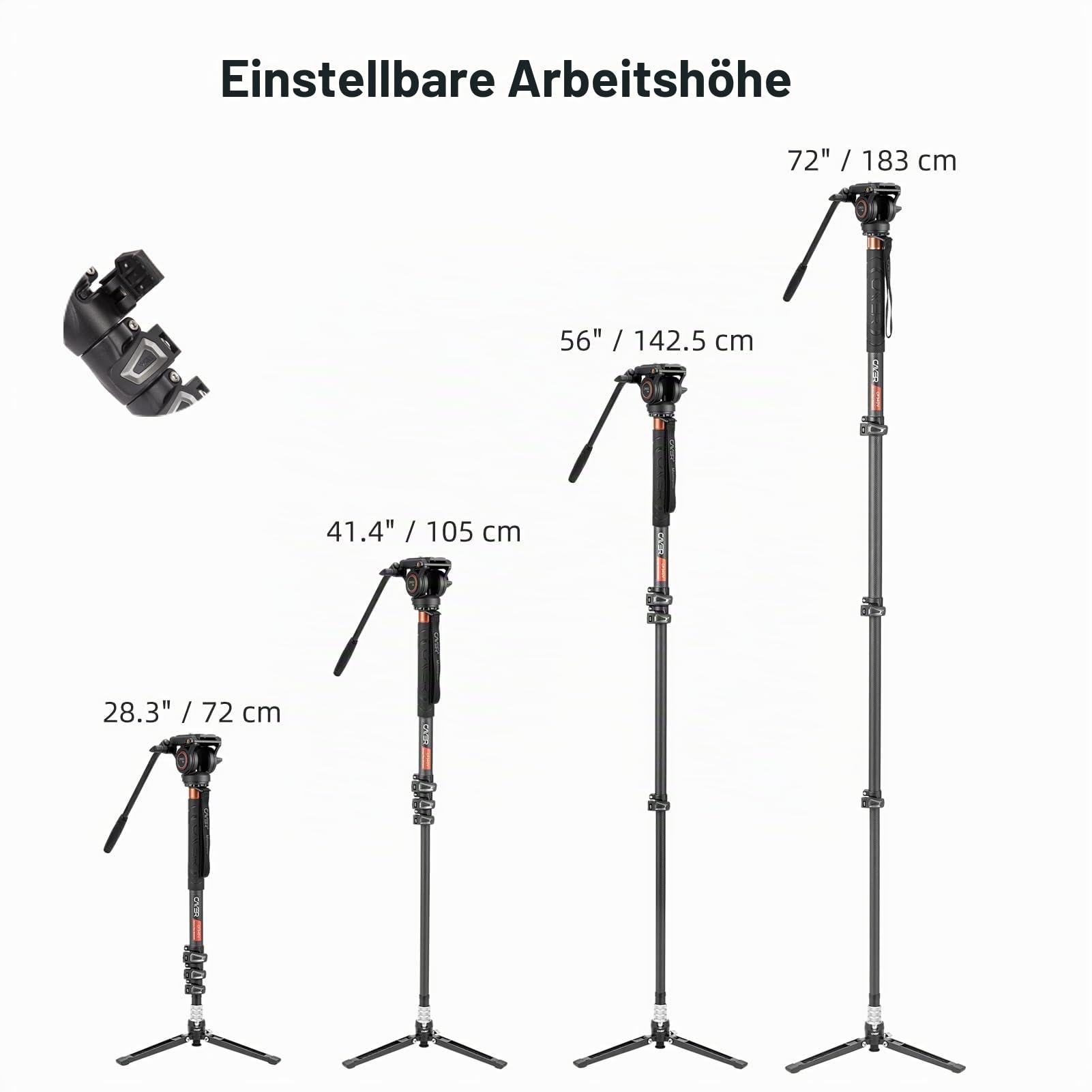 Cayer CF34DV Professionelles Video-Einbeinstativ 71 "Carbonfaser-Einbeinstativ mit Schwenk-Neige-Fluidkopf und 3-Bein-Stativfuß für DSLR-Videokameras-Camcorder sowie 1 zusätzliche Gleitplatte