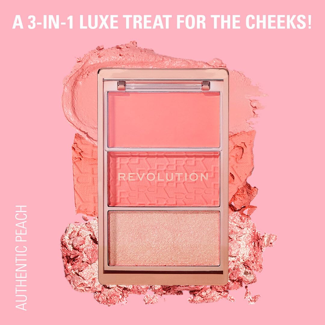 Revolution Palette Blush Icon, kremowy i tłoczony puder, silnie pigmentowany, paleta twarzy, wegańska i nieokrutna na zwierzętach, 3 kolory, Authentic Peach