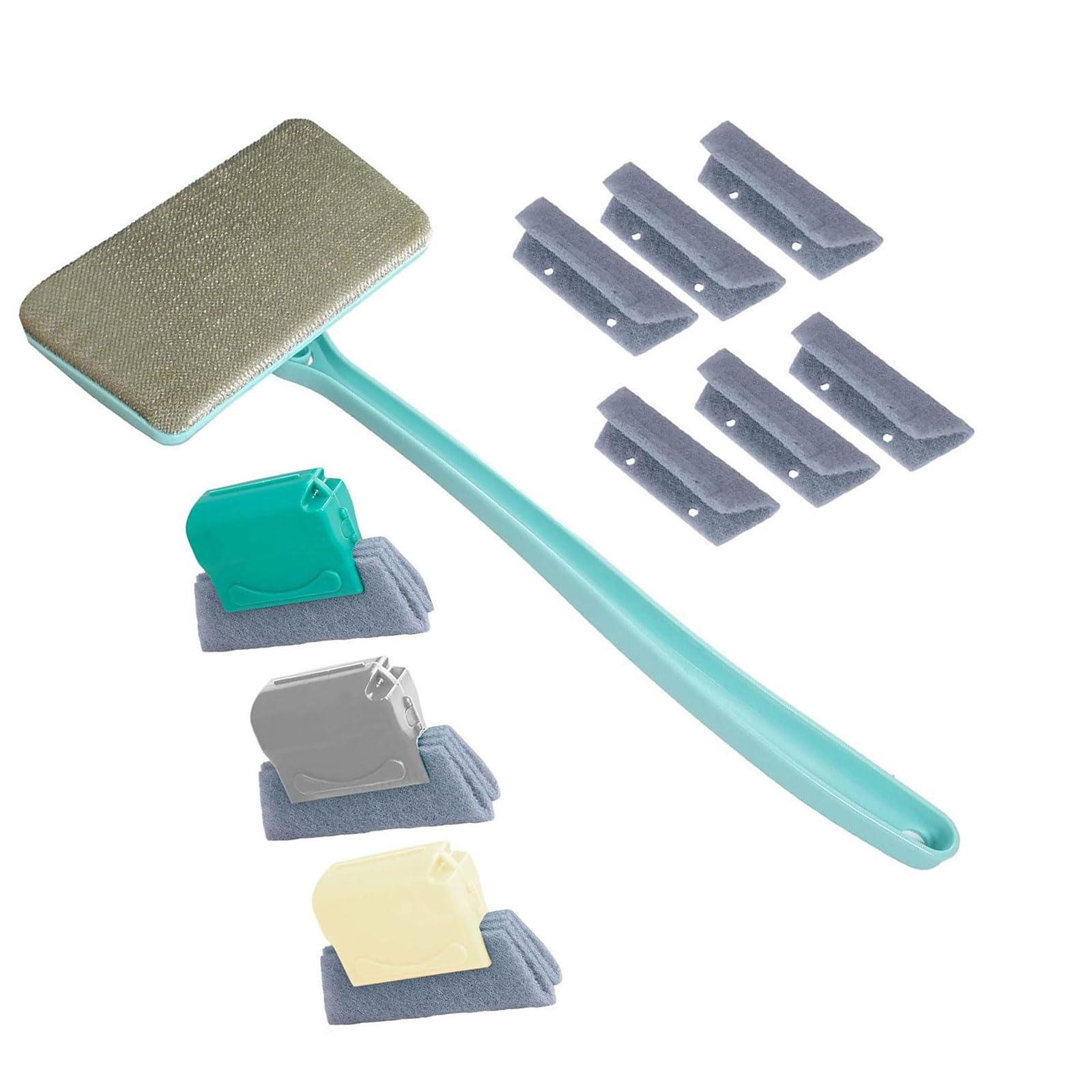 Set per la pulizia dei binari delle finestre a due scopi, con spazzole intercambiabili, 6 panni lavabili, manico estensibile da 37 cm