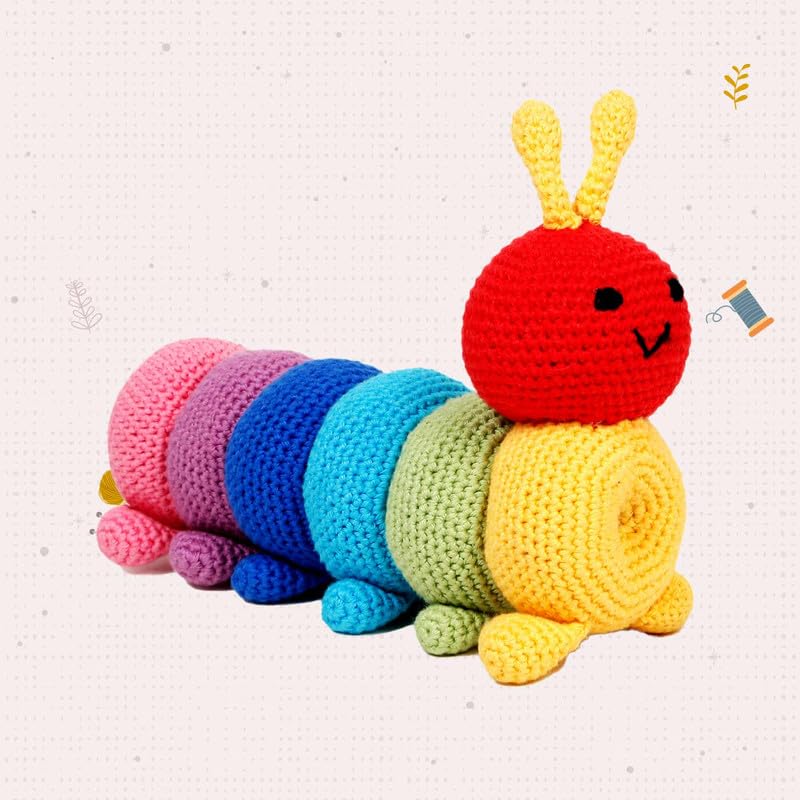 Image of LITTLE GINNIE Rainbow Caterpillar Crochet Toys for Babies - Handmade & Knitted Doll for Girls & Boys | Ideal for Birthday & Return Gift for 6+ Months