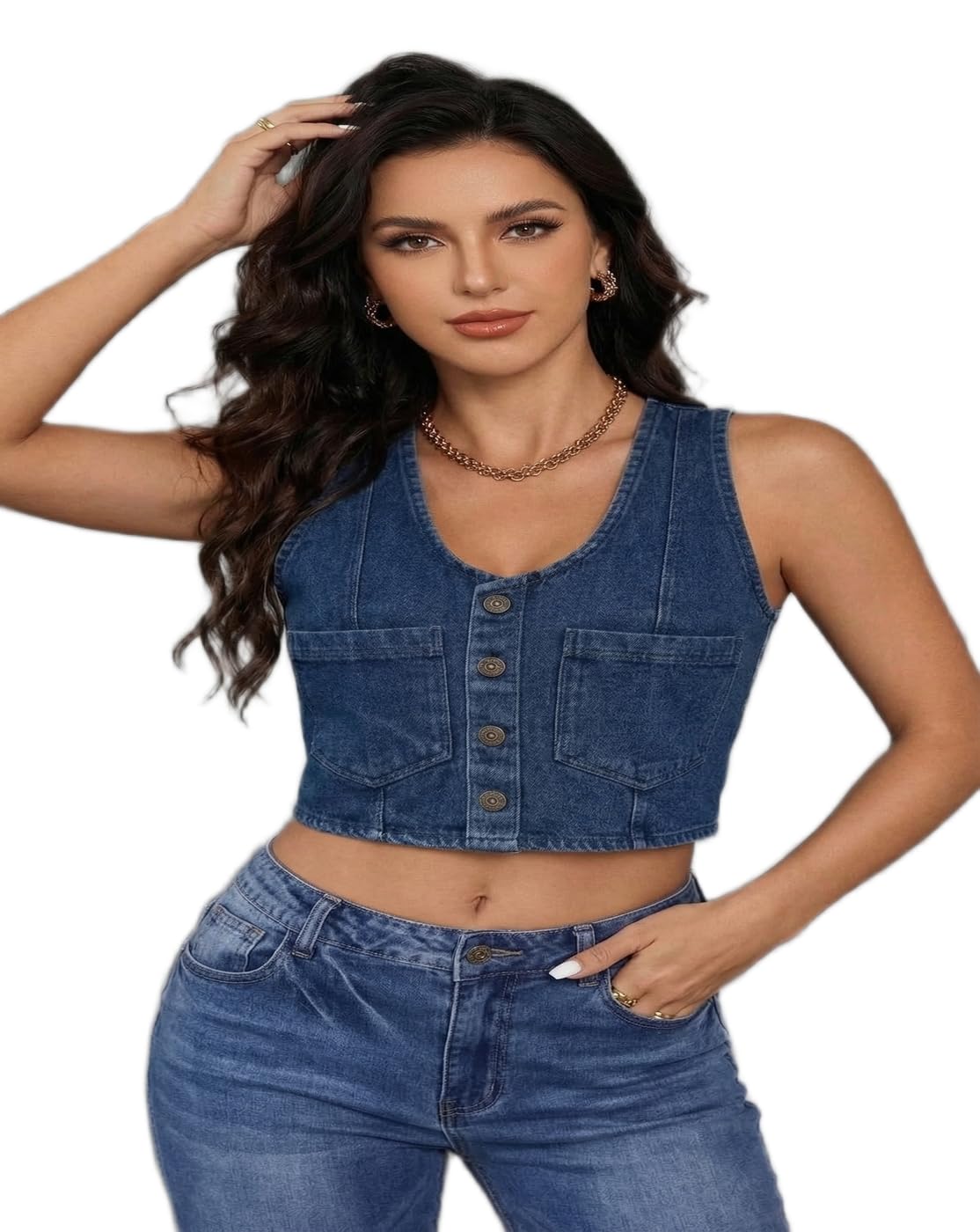 cadmon Women's Retro Denim Waistcoat - Cropped Button-Up Jean Vest Tank Top, Sleeveless Denim Jacket with Front Pockets for Casual Summer Outfits-picture-19
