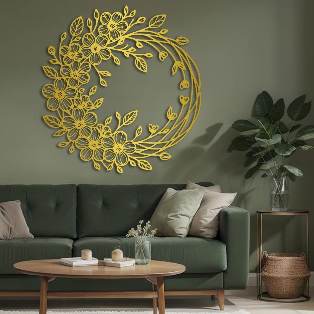 sawjug Flower Wreath Metal Wall Art, Metal Flower Wall Decor, Floral Wall Decor for Living Room, Bedroom, Entryway (Black,24"x22" / 60x57cm)