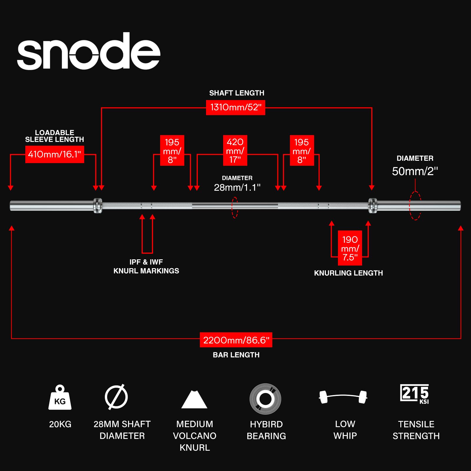 SNODE 7ft Olympic Barbell 45lb, Barbell for Weightlifting and Powerlifting, Olympic Bar with 2000lb Capacity, 28mm Diamter, All Hard Chrome