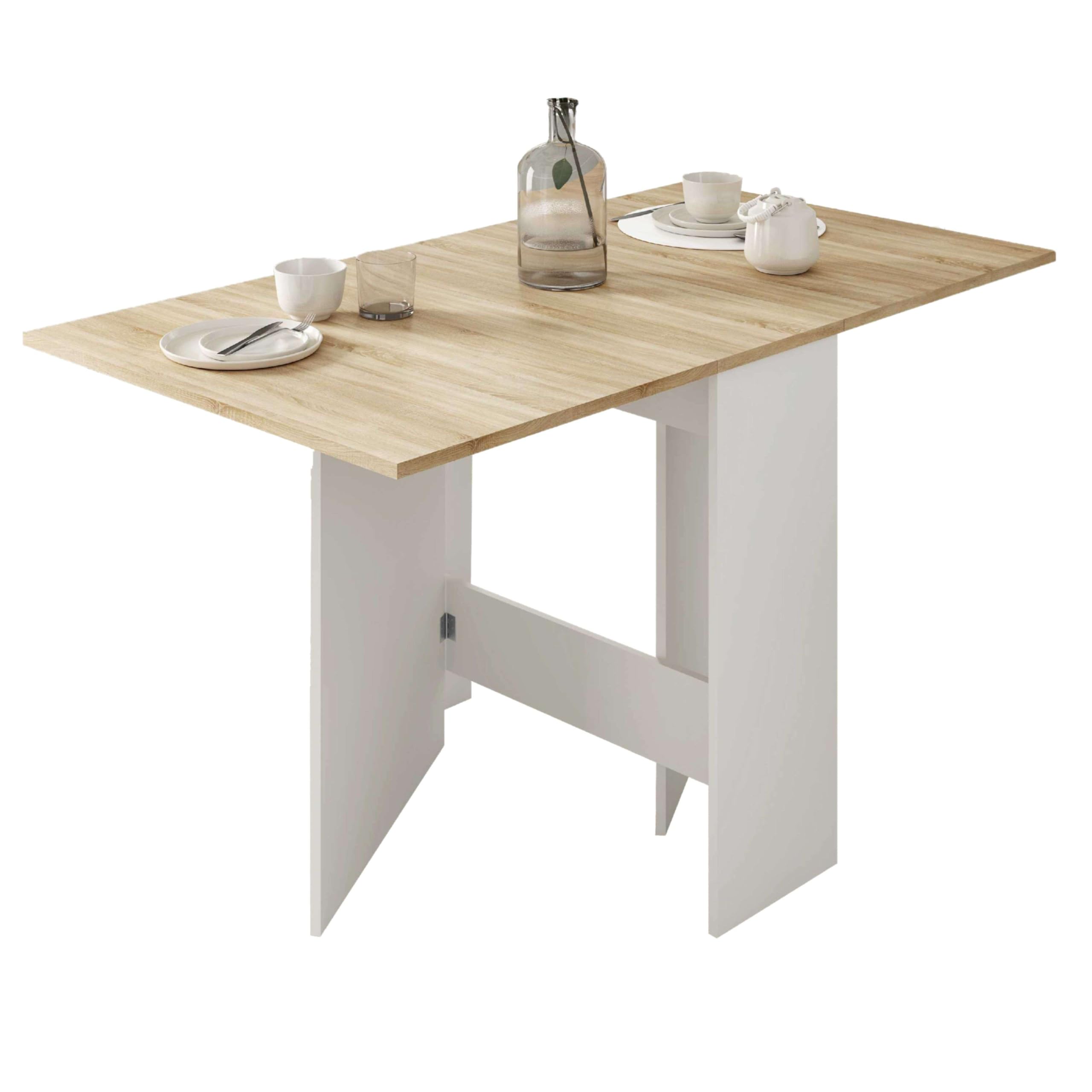 Habitdesign Mesa Auxiliar con Alas Abatibles, Mesa Cocina, Color Blanco Artik y Roble Canadian, Medidas: 77 cm (Largo) x 31-140 cm (Ancho) x 79 cm (Alto), Modelo Fly