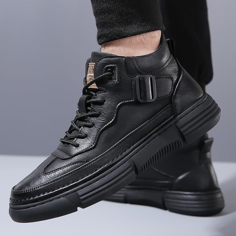 Mens Casual Driving Lace Up Black Leather Chukka Hiking Boots Hand Stitching Platform Non-Slip Shock Absorption Autumn&Winter Warm Ankle Work Shoe2