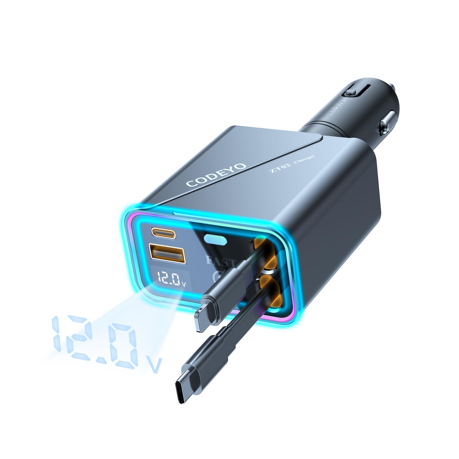 CODEYO Retractable Car Charger, 146W 4 in 1 Fast Car Phone Charger, Cord 2.9ft, RGB Light, PD 65W, 30W for iPhone 14 and Before, Car Charger USB C for iPhone 16/15/14/13/12, Android, Laptop, Gray