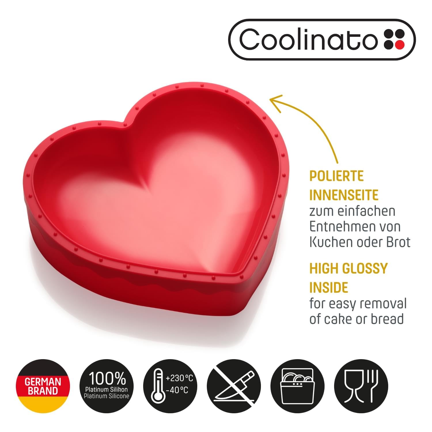 Coolinato Molde de silicona para hornear en forma de corazón 3D, 25 x 27 cm, rojo, incluye 4 recetas | Incluye 4 Recetas