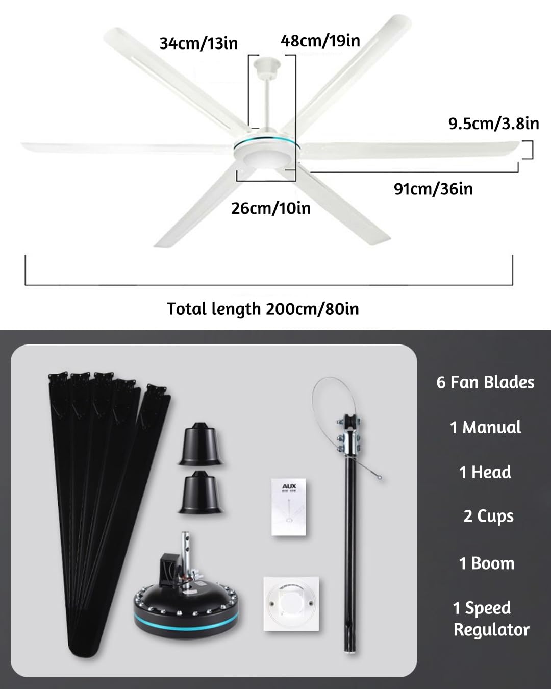 Ventilatore Industriale da Soffitto 200cm Senza Luce, 6 Pale | Ventilatore Grande Ambiente Silenzioso A 5 Velocità Per Magazzino, Officina E Palestre(Gray)