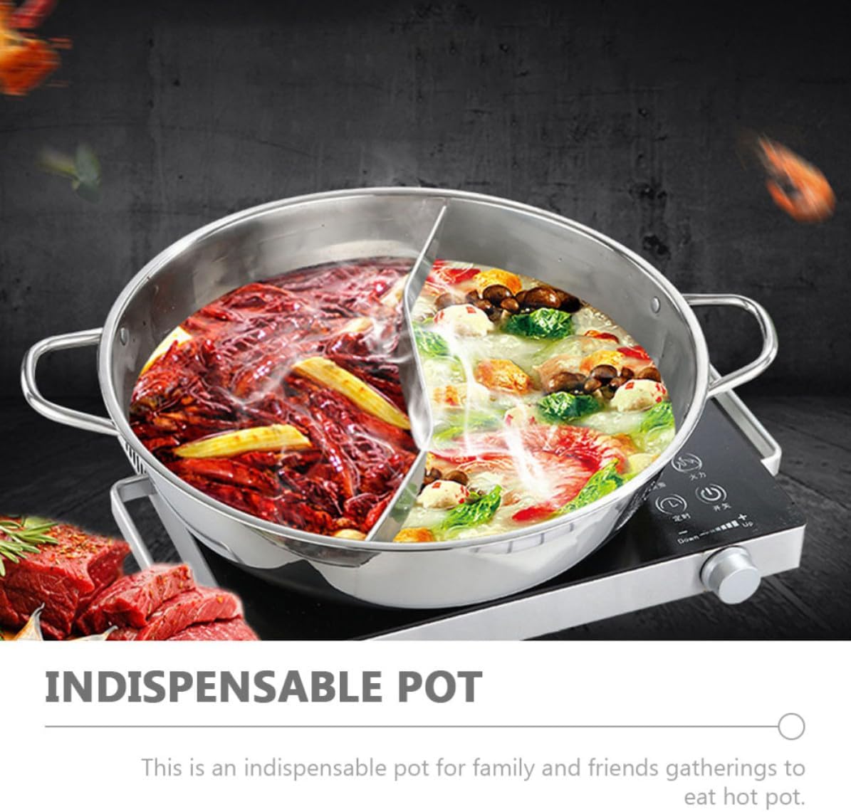 VALICLUD Stainless Steel Divided Hot Pot with Double Flavor Design, Even Heating and Easy to Clean Kitchen Cooking Pot for Home and Restaurant Use, Silver Color Suitable for Electric