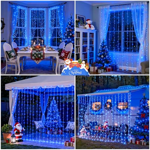 Image of JMEXSUSS 300LED Blue Curtain Lights, 9.8x9.8ft String Lights Indoor Outdoor
