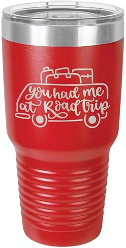 Taza de viaje de acero inoxidable con tapa superior deslizante y pajita con texto en inglés "You HAD ME AT ROADTRIP" de 76 ml en comparación con