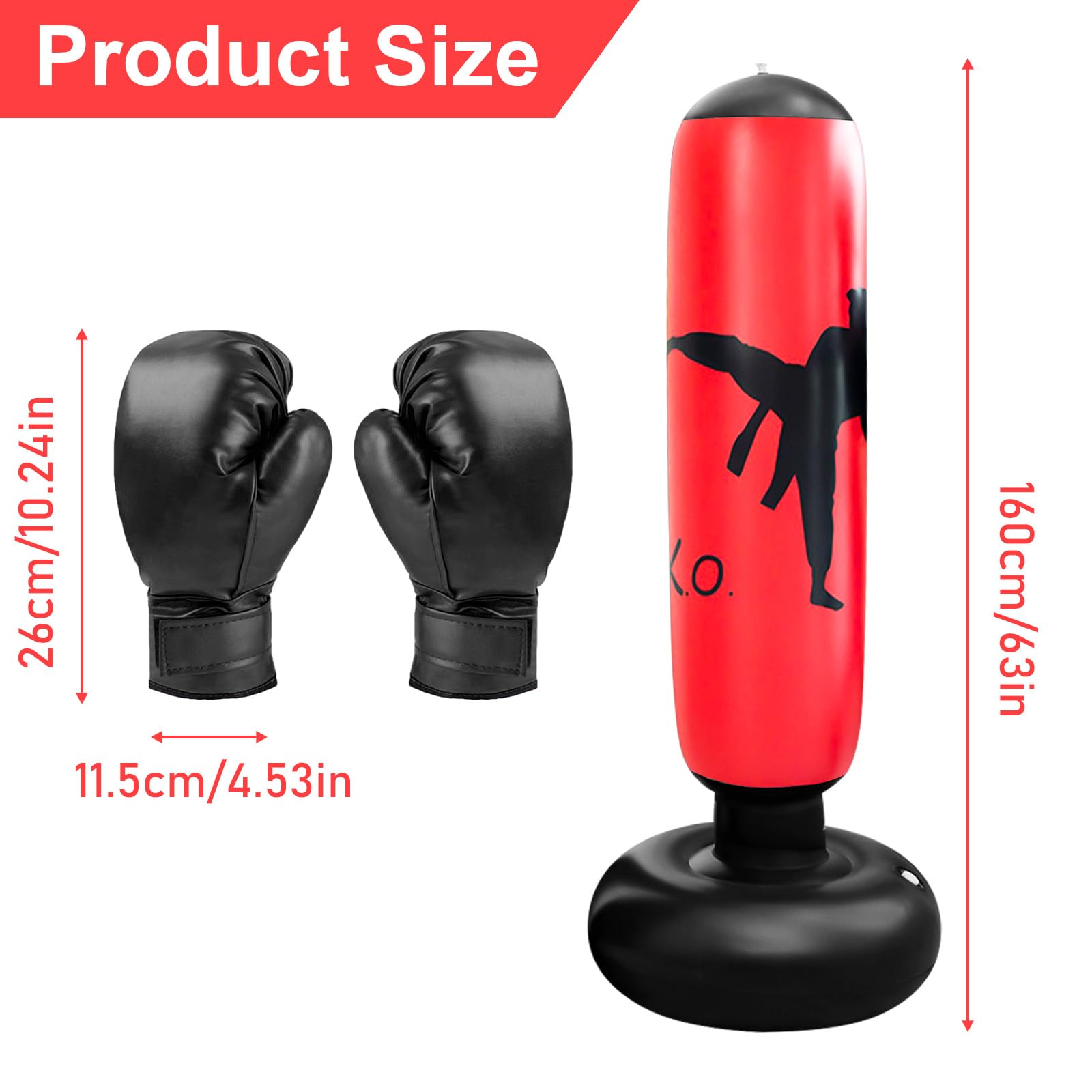 Sacco da boxe per bambini, 160 cm, per bambini, in piedi, con guantoni da boxe, gonfiabile, per interni, esterni, palestra, dai 3 ai 12 anni, per ragazzi e ragazze, colore rosso