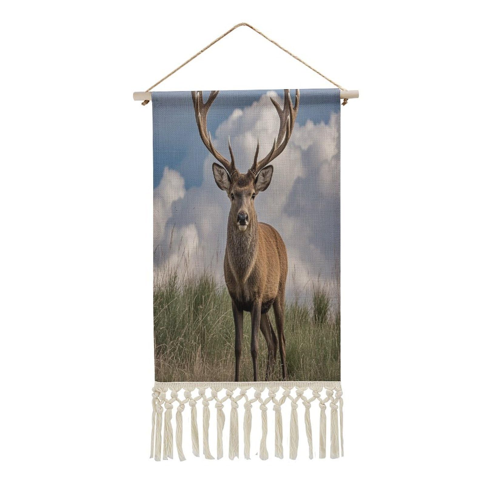 FekiLoot Elk Wall Art Print Decor Art Tapestry with Tassel Cotton Linen Hanging Poster Vintage Aesthetic Wall Art Poster Rustic Wall Art Decor for Home Bedroom Living Room Office