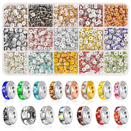 shynek 1200 Pieces Rondelle Spacer Beads for Jewelry Making 6mm Rhinestone Spacer Beads Crystal Bead Spacers for Bracelets Focal Beads for Pen 15 Colors