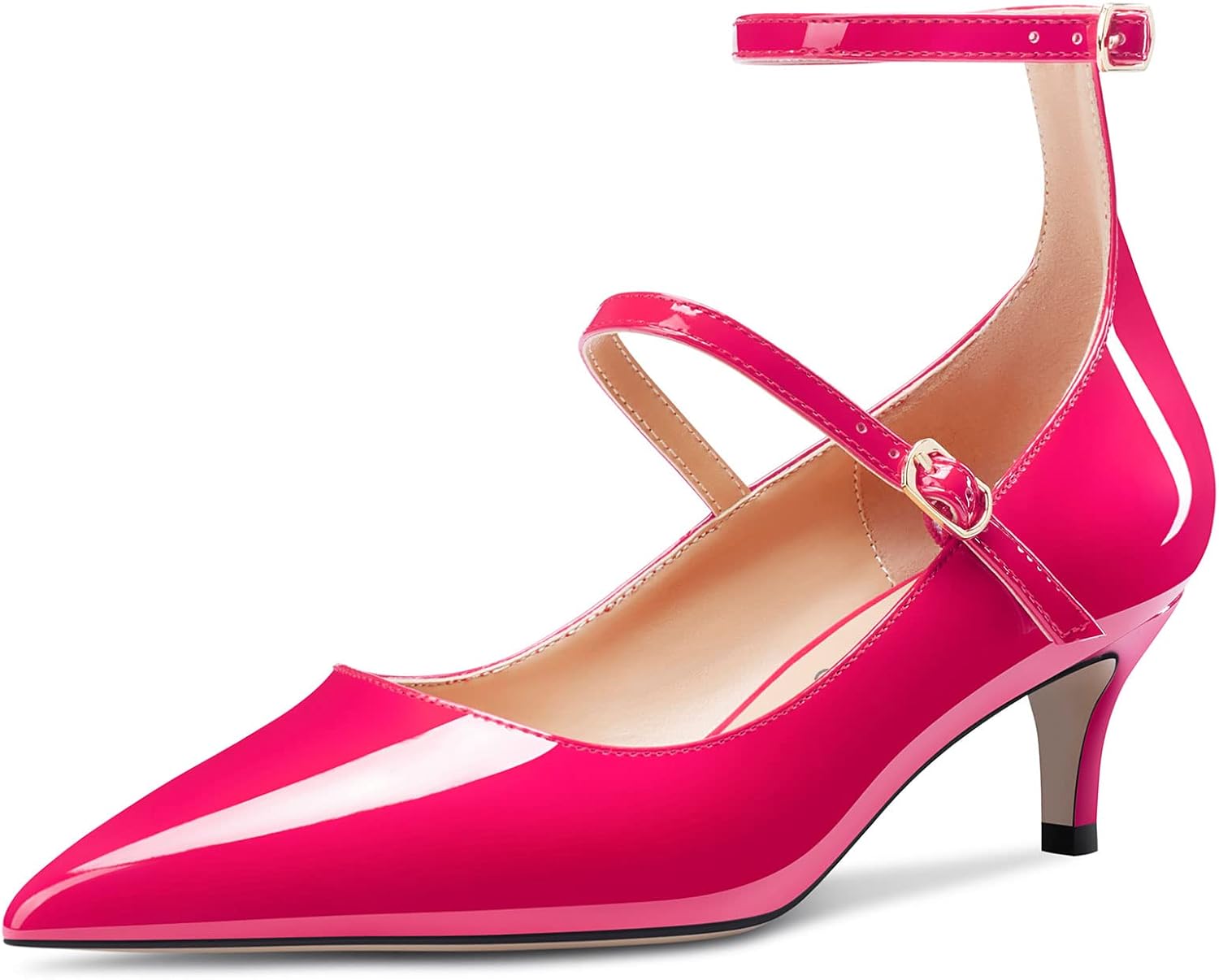 NobleOnly Women Mid Heel Ankle Strap Pointed Toe Pumps Casual