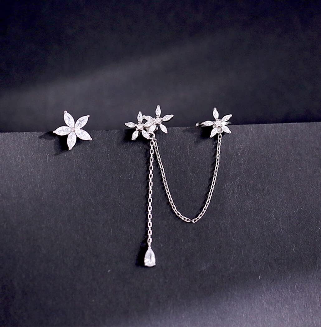 SLUYNZ 925 Sterling Silver Daisy Flowers Cuff Earrings Chain for Women Asymmetric CZ Daisy Earrings Crawler Dangling Chain - Image 6