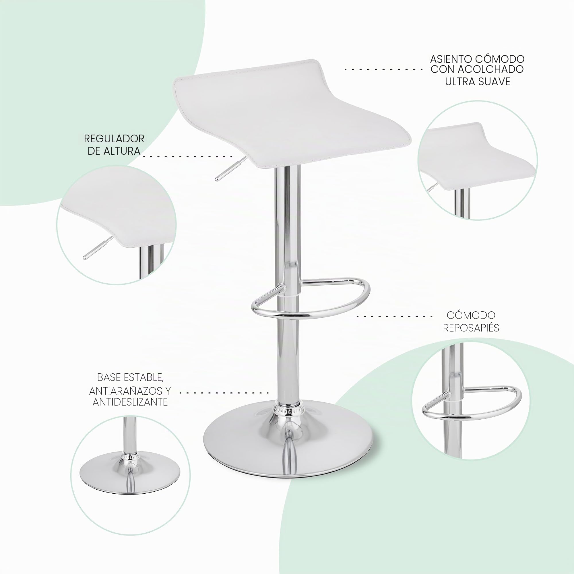 Baroni Home 2 Taburetes de Bar Giratorio con Altura Ajustable, Base Cromada con Reposapiés y Fondo Antiarañazos, Taburete de Cocina y Península, Fácil de Montar, 38x45x59-79 cm, Blanco 2 Piezas
