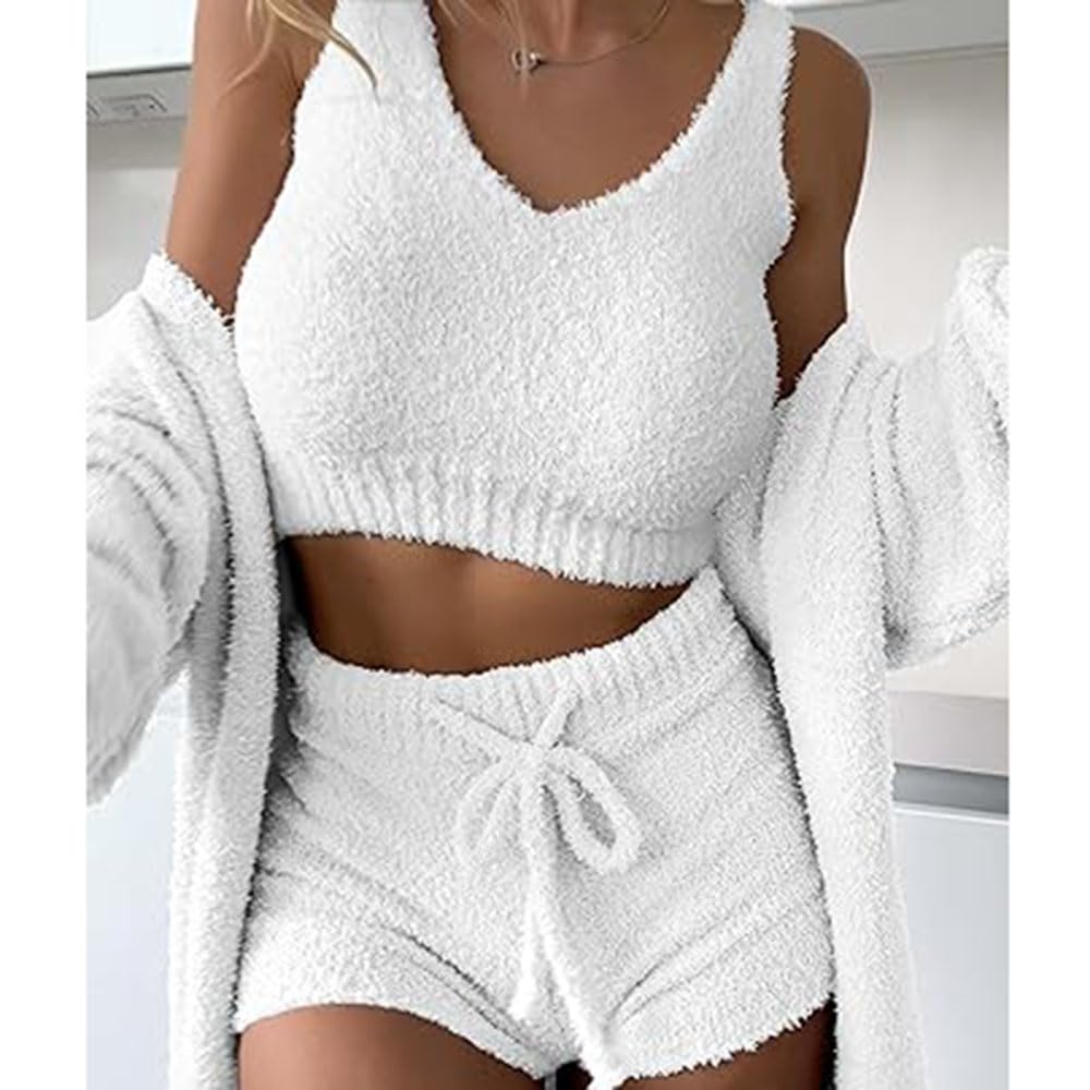 Conjunto de Punto de 3 Piezas,Pijama Sexy de Forro Polar difuso y cálido para Mujer,Conjunto de Ropa de Dormir de 3 Piezas,Tops Cortos sin Mangas