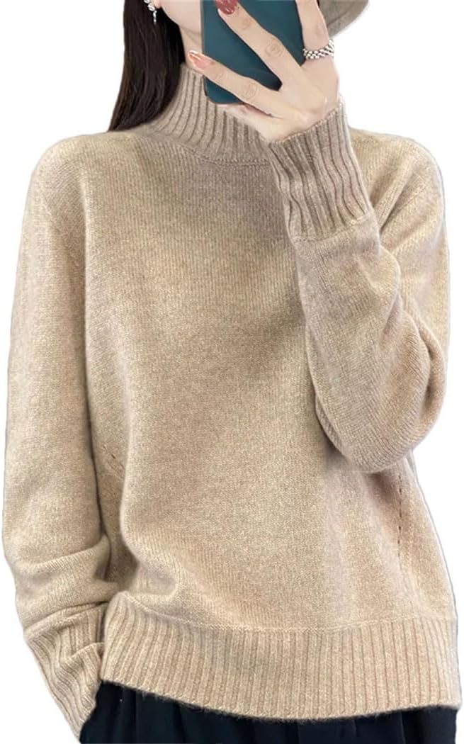 Women's Turtleneck Knit Sweater Long Sleeve Solid Color Loose Pullover Jumper Winter Elegent Thermal Sweatshirt