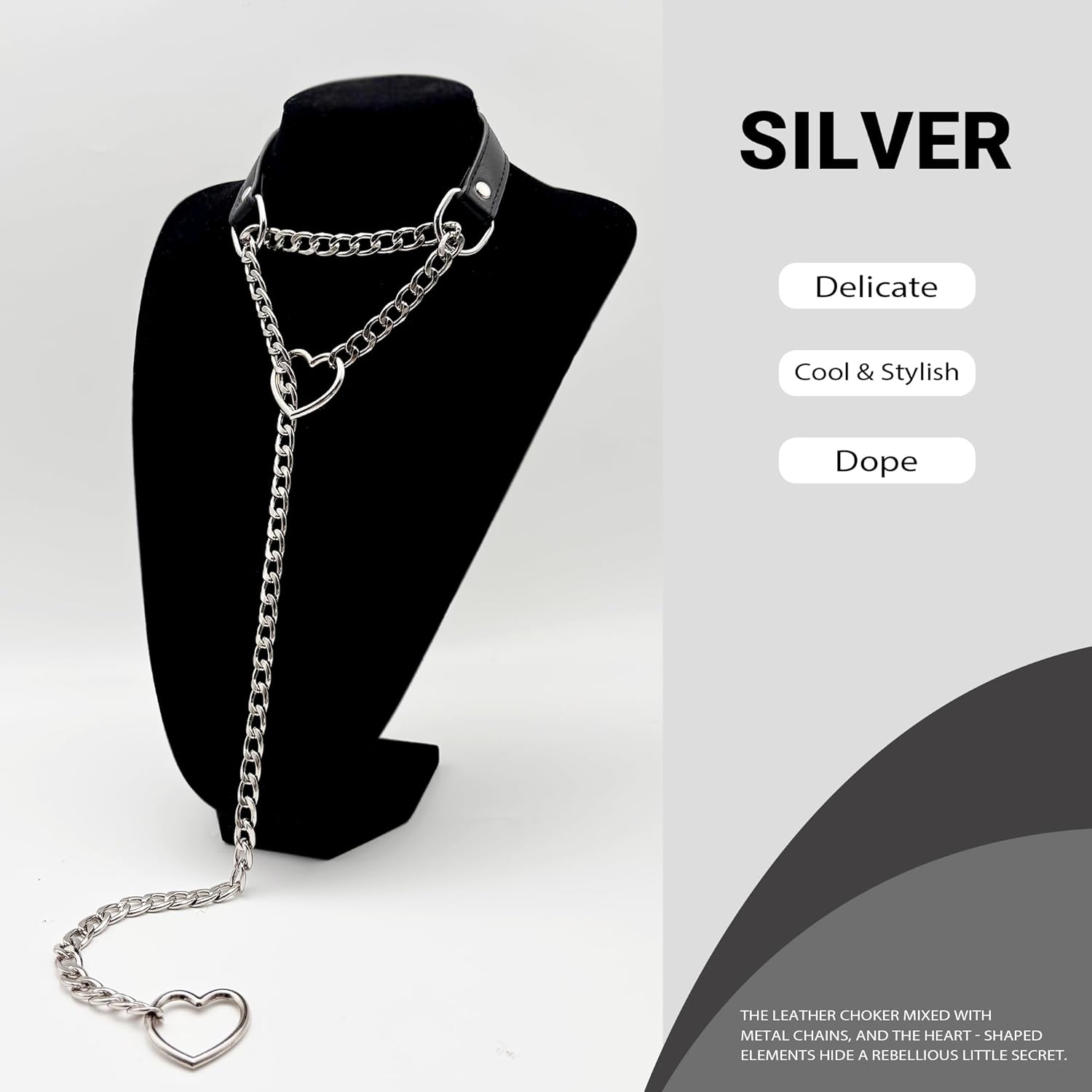 paloli Vegan Leather Choker Necklace with Heart Chain – Adjustable Strap Punk Gothic Collar with Cute Heart Metal O-Rings, Stylish Jewelry for Women - Image 2