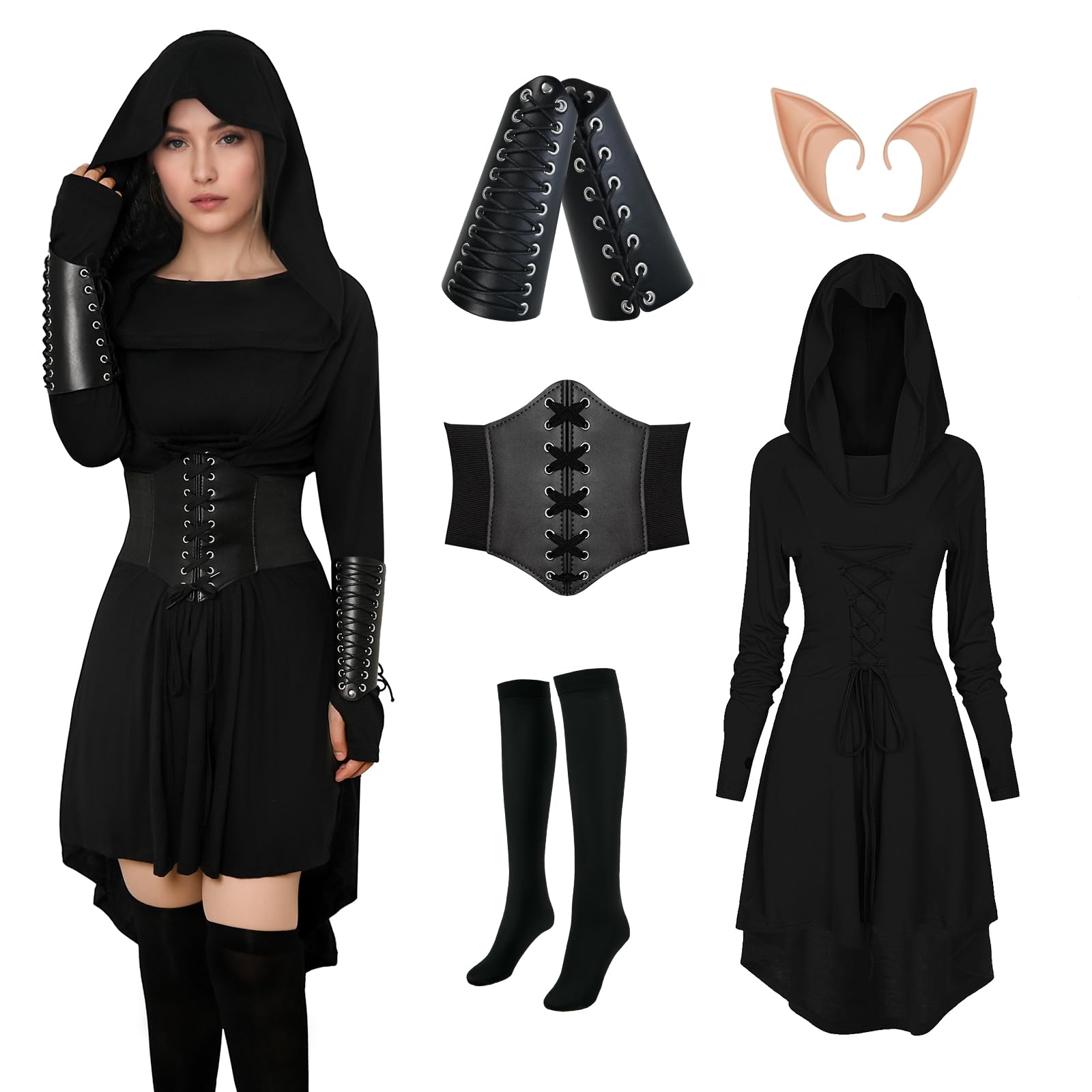 Vestito medievale da donna in stile gotico, con cappuccio, per donna, con corsetto, per carnevale, Halloween, feste