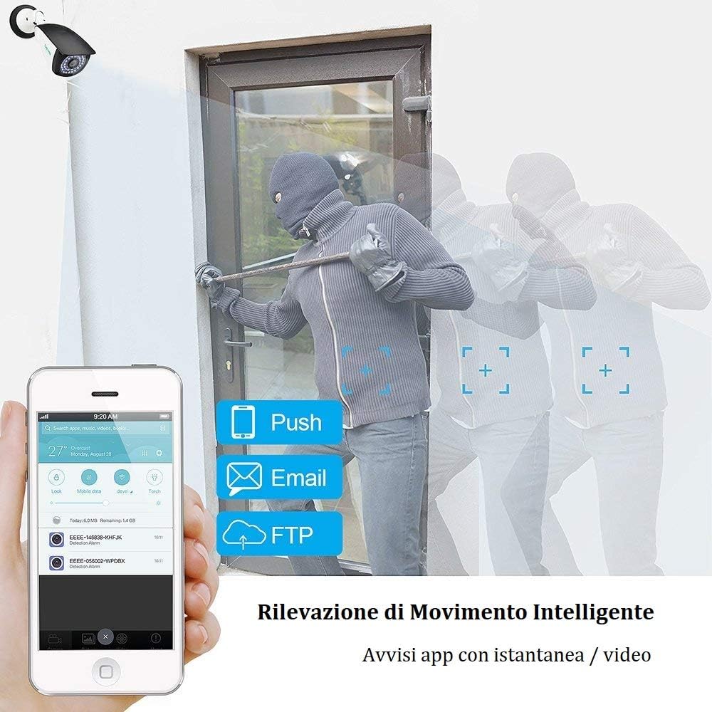 Image showing smart motion detection alerts via push notifications, email, and FTP, with a person attempting to break in.
