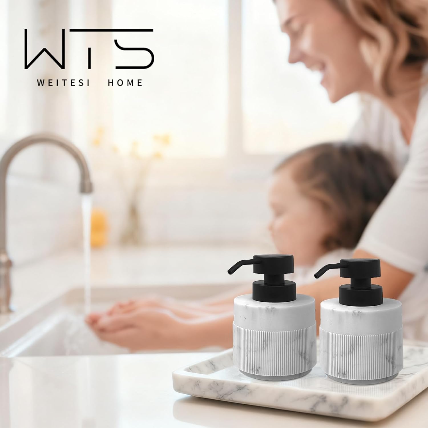 2pcs/Set 12.5oz Marble White Hand Soap Dispenser Sets, Resin Liquid Soap Dispenser with Rust Proof Pump for Bathroom Countertop, Kitchen Refillable Liquid Bottle for Lotion, Body Wash