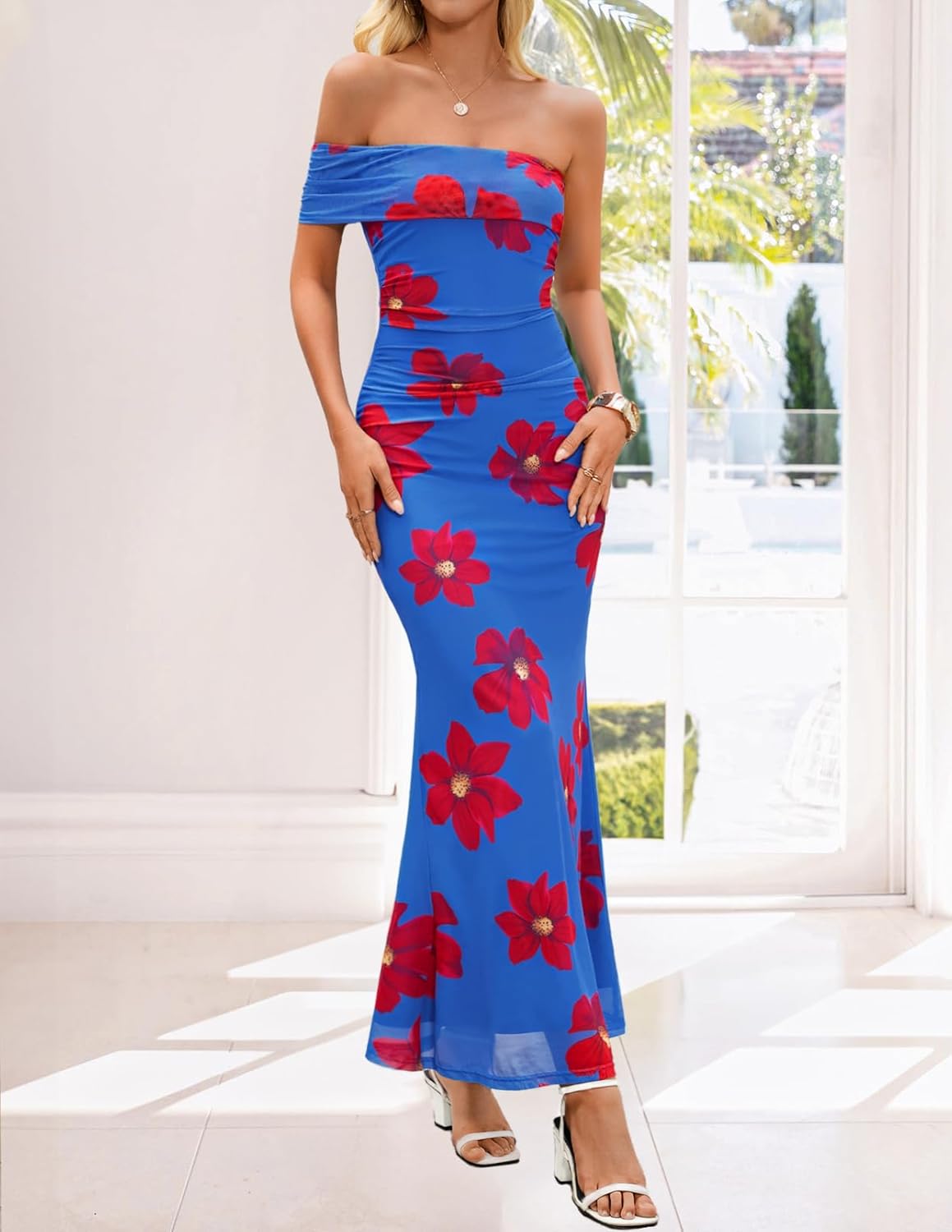 MEROKEETY Women's Floral Maxi Dress 2026 Summer Off Shoulder Ruched Mesh Bodycon Cocktail Wedding Guest Party Dresses - Image 7