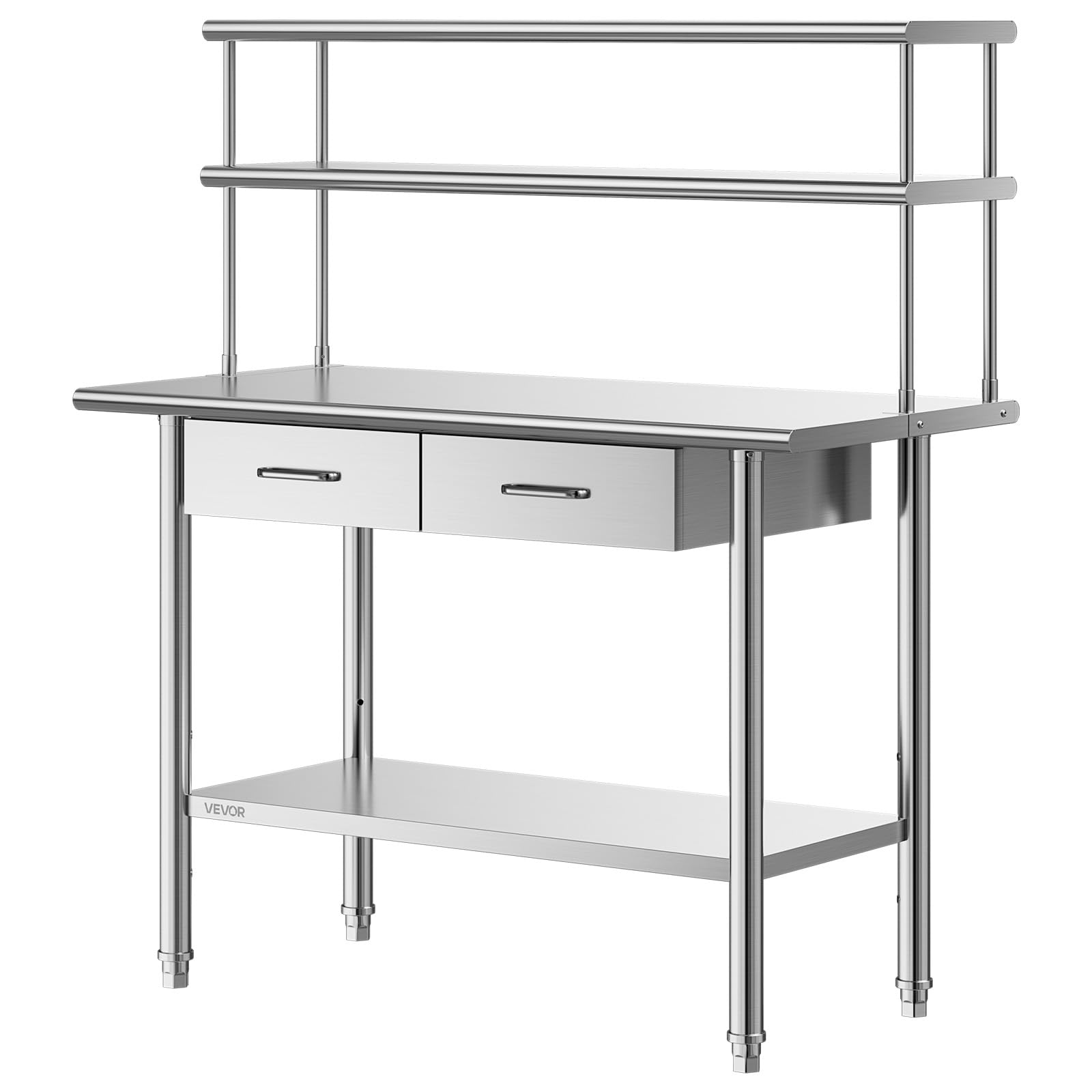 VEVOR Tavolo da Lavoro per Cucina, Tavolo per Preparazione da Cucina 1220 x 610 x 1400 mm in Acciaio Inox con Cassetti Ripiani Portaoggetti, Piano Carico max 245 kg, Ristorante, Hotel, Supermercato