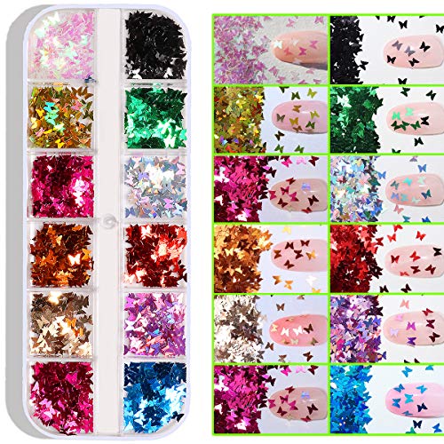 24 Color/Set 3D Butterfly Nail Art Glitter Sequins, Colorful Nail Sparkle Glitter Sticker Decals For Nail Art Make Up Decoration Accessories Manicure (Butterfly) #TOP5