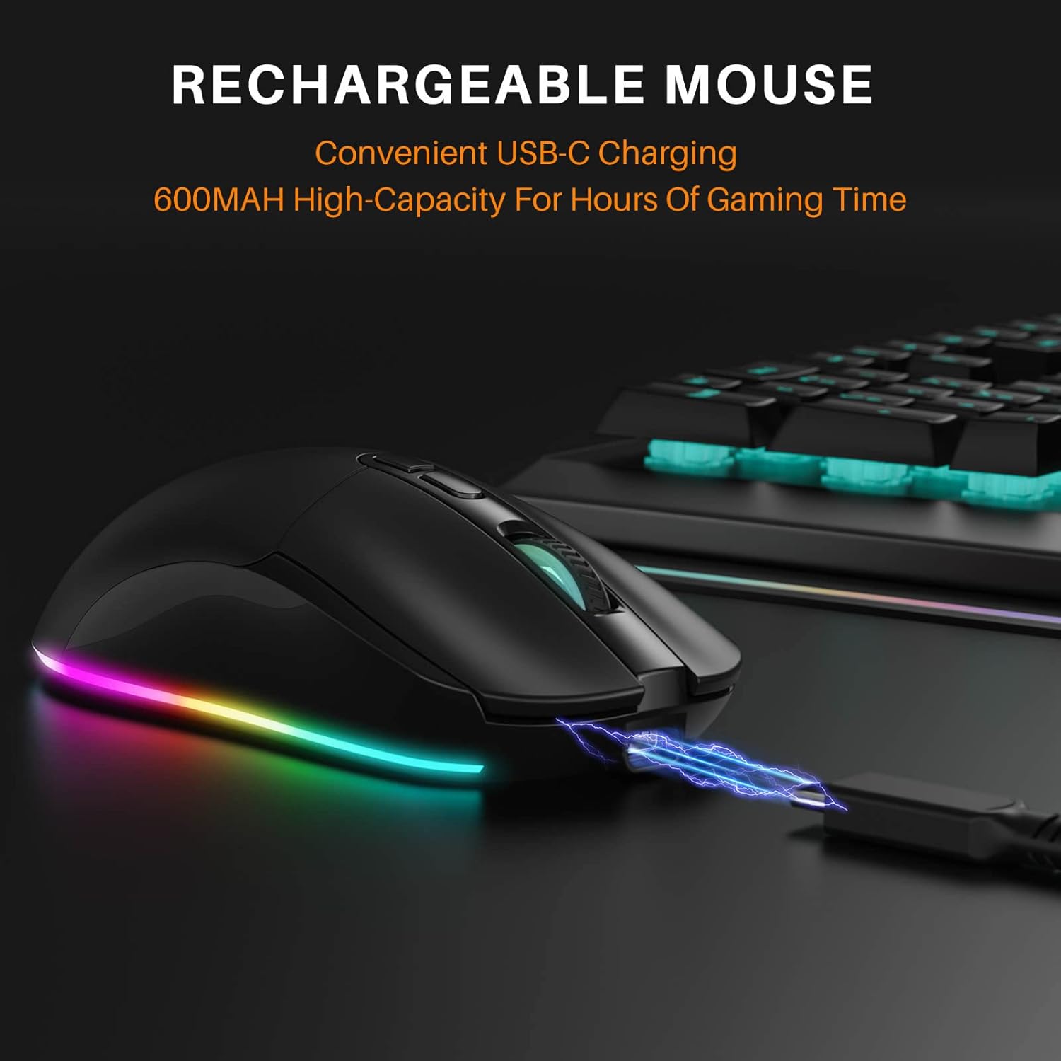 Combrite XS Pro mouse connected for charging via USB-C