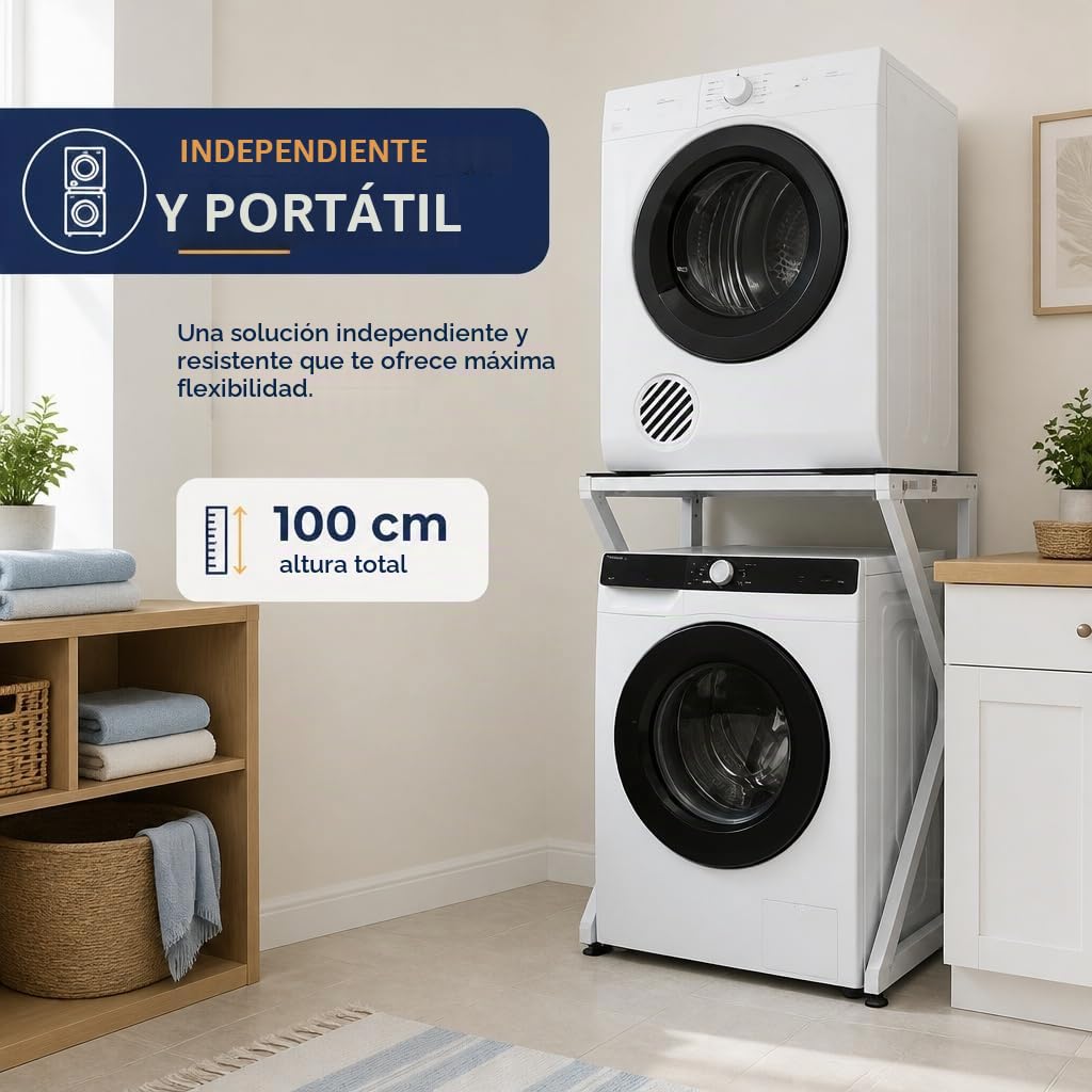 Maxi – Kit apilable universal para lavadora y secadora | Estructura ajustable (72–82 cm), Capacidad 100 kg | Sin taladros, Antivibración, Ahorro de espacio