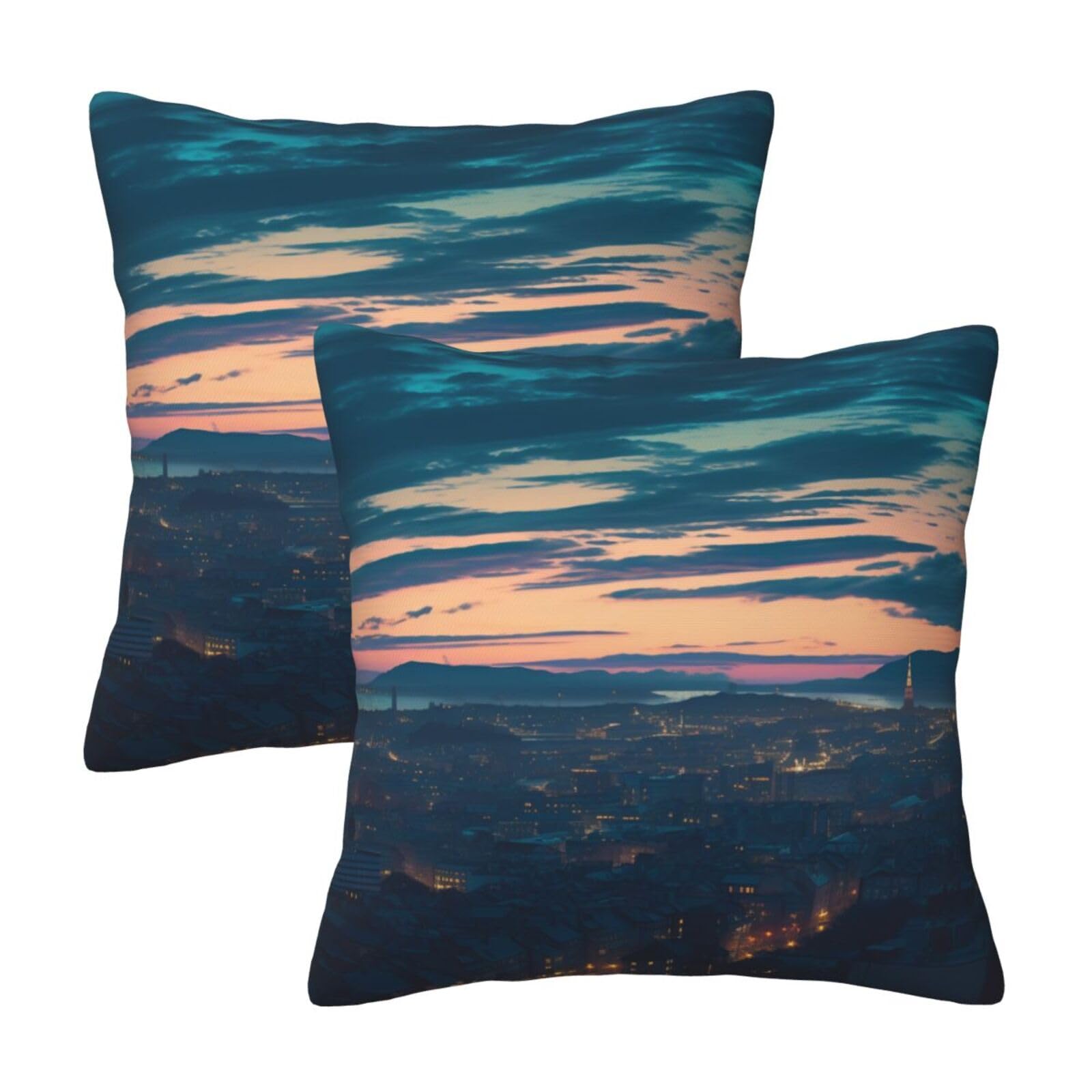 Cityscape Dusk Throw Pillow Cases 2 Pack Square Pillowcases Soft Pillow Protectors for Couch Livingroom Sofa Bed Office Car,30x30 CM