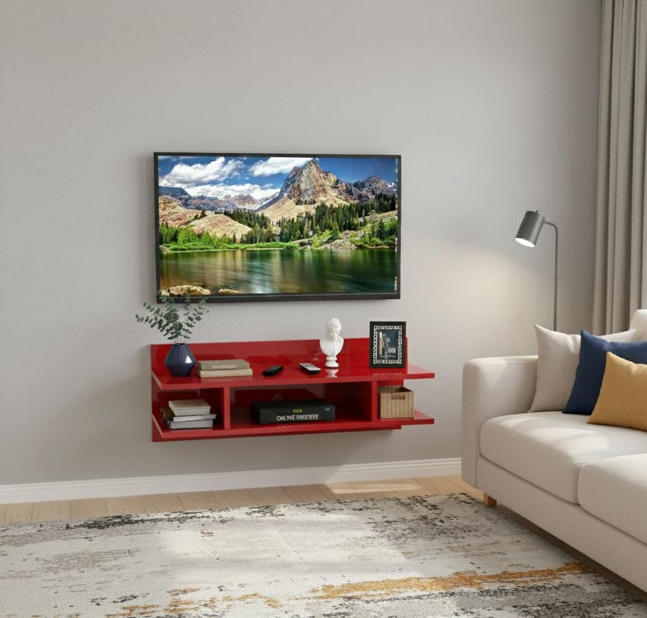 Image of Engineered Wood Set Top Box Stand | Wall Mounted TV Unit Shelf for Router, WiFi, DVD, Gaming Console | Sturdy & Space Saving TV Accessory Organizer (Brown, 50 x 20 x 15 cm) (Red)