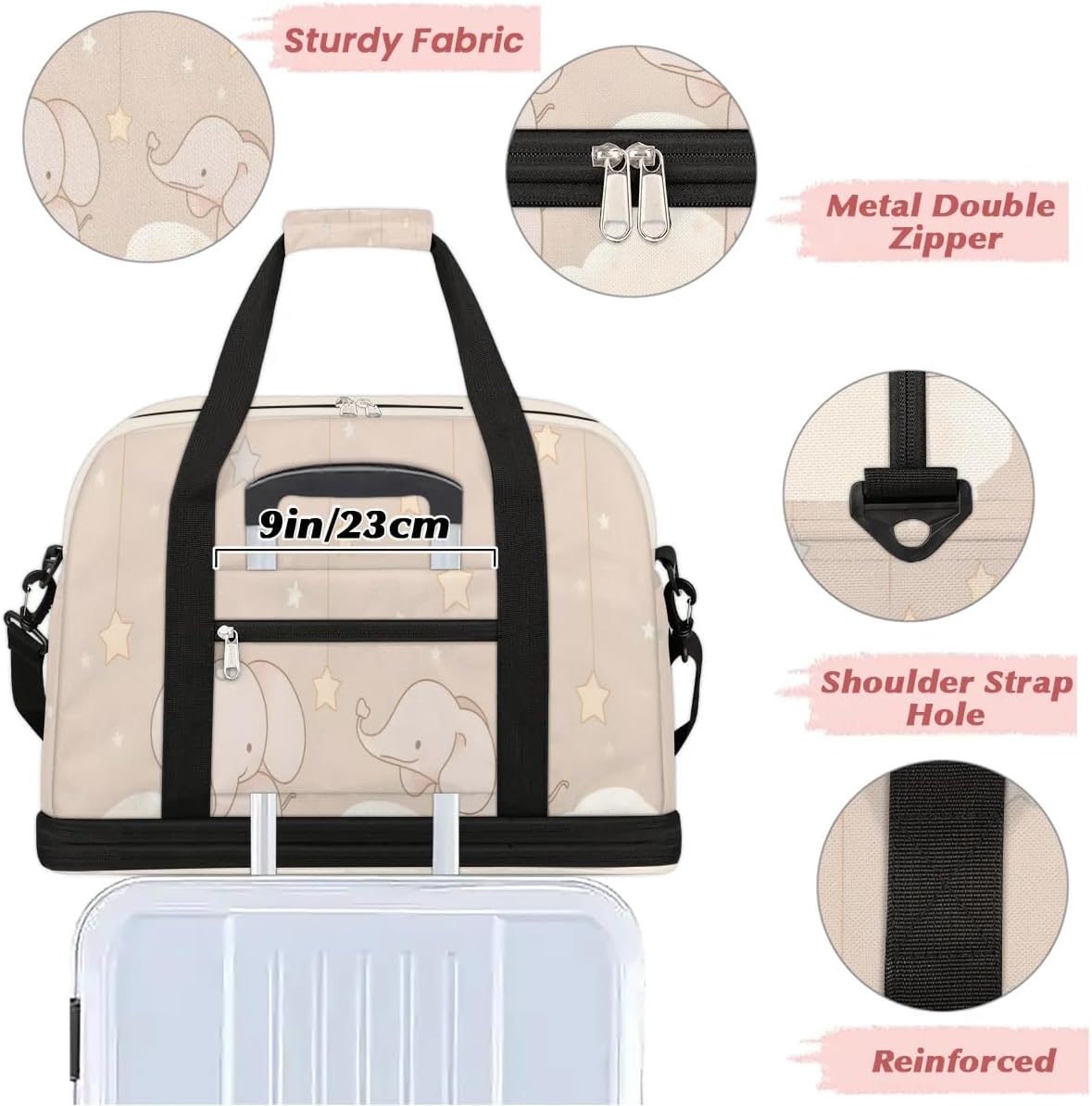 Sports Duffel Bag, Foldable Cartoon Elephant Travel Duffel Bags, Gym Yoga Beach Bag Weekender Overnight Bag with Shoes Compartment for Men, Cute