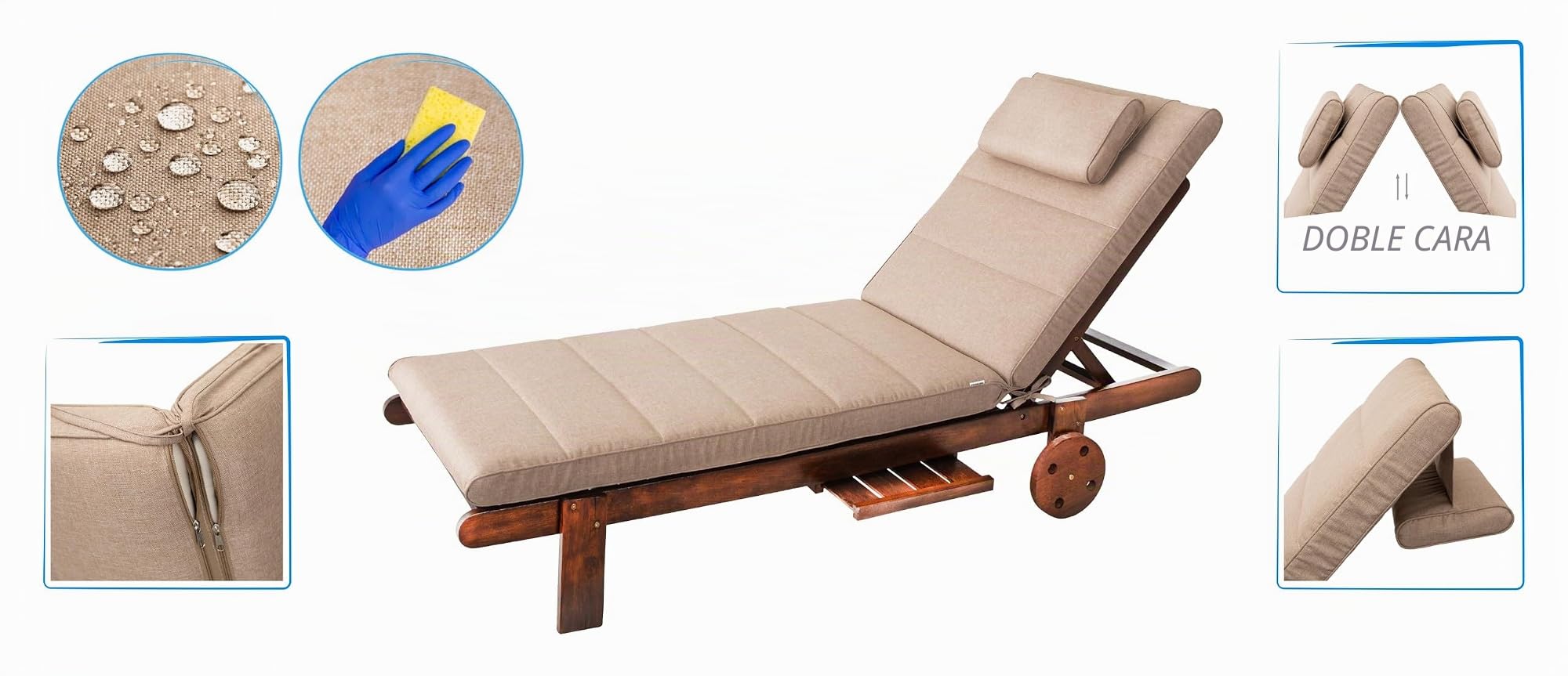 PillowPrim Muebles de jardín Colchón, para tumbona, balcón, exterior, cojín para tumbona, cojín, sofá, beige, 204 x 60 cm