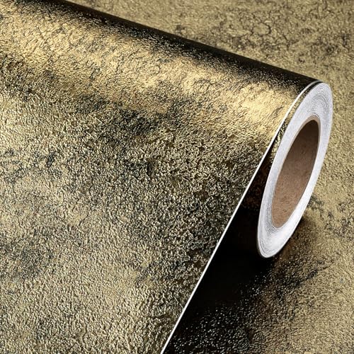 Livelynine Gold Metallic Peel and Stick Wallpaper Removable Thick Luxury Black Gold Textured Contact Paper for Countertops Kitchen Cabinets Self Adhesive Vintage Accent Wall Paper Bedroom 15.8x78.8
