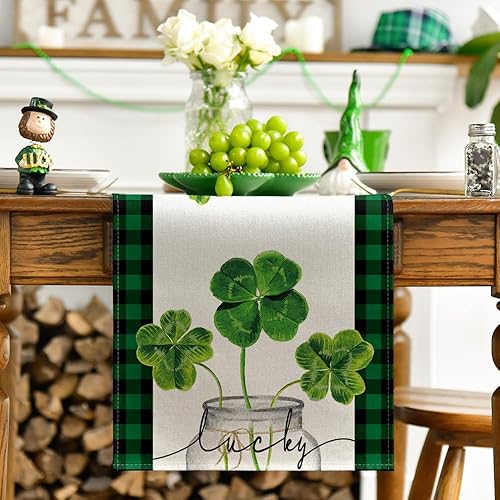 Miniatura 2 de Artoid Mode Lucky Shamrock - Camino de mesa para el día de San Patricio, color verde primavera y negro, búfalo a cuadros, decoración de mesa