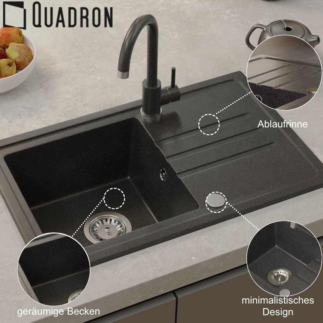 QUADRON Spülbecken Granitspüle Küche | Größe: 70 x 44 x 17,5 cm, Farbe: Schwarz | BEN 111 Küchenspüle Einbeckenspüle Set: Granitspüle + Schwarz/Stahl Flexibel Küchenarmatur + manuell Siphon