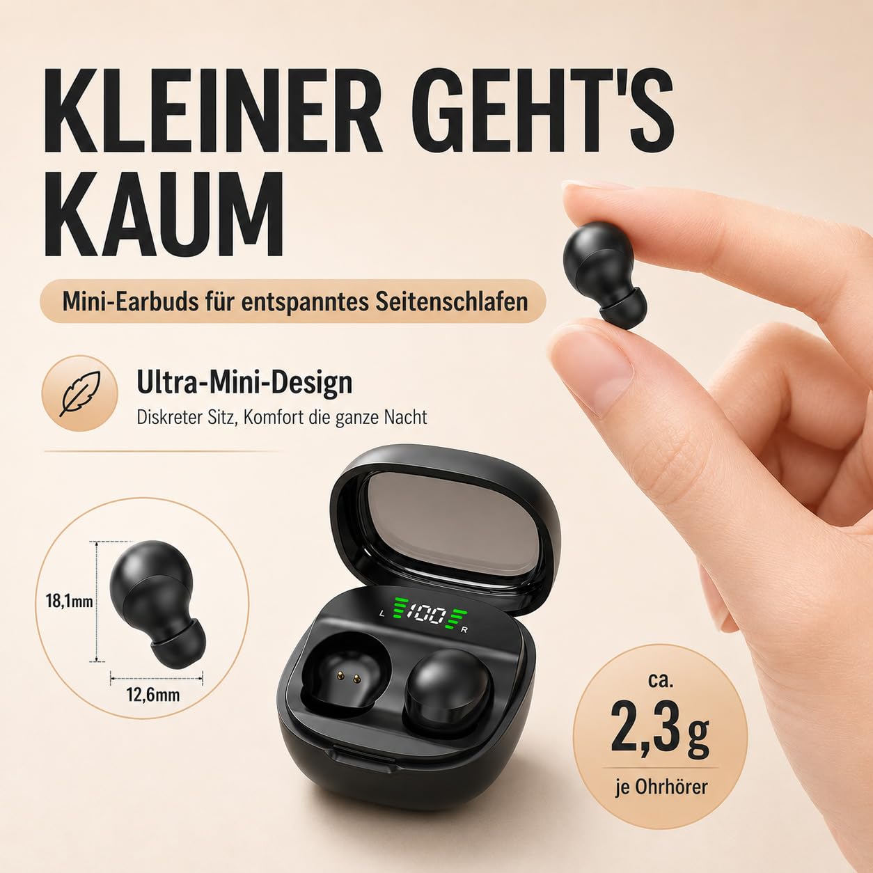 Micool Unsichtbarer Schlaf-kabelloser Kopfhörer, wasserdichte Bluetooth-Ohrhörer, leichte Schlafkopfhörer Bluetooth, schmerzlose, unsichtbare Schlaf-Kopfhörer für empfindlichen Schlaf, lange