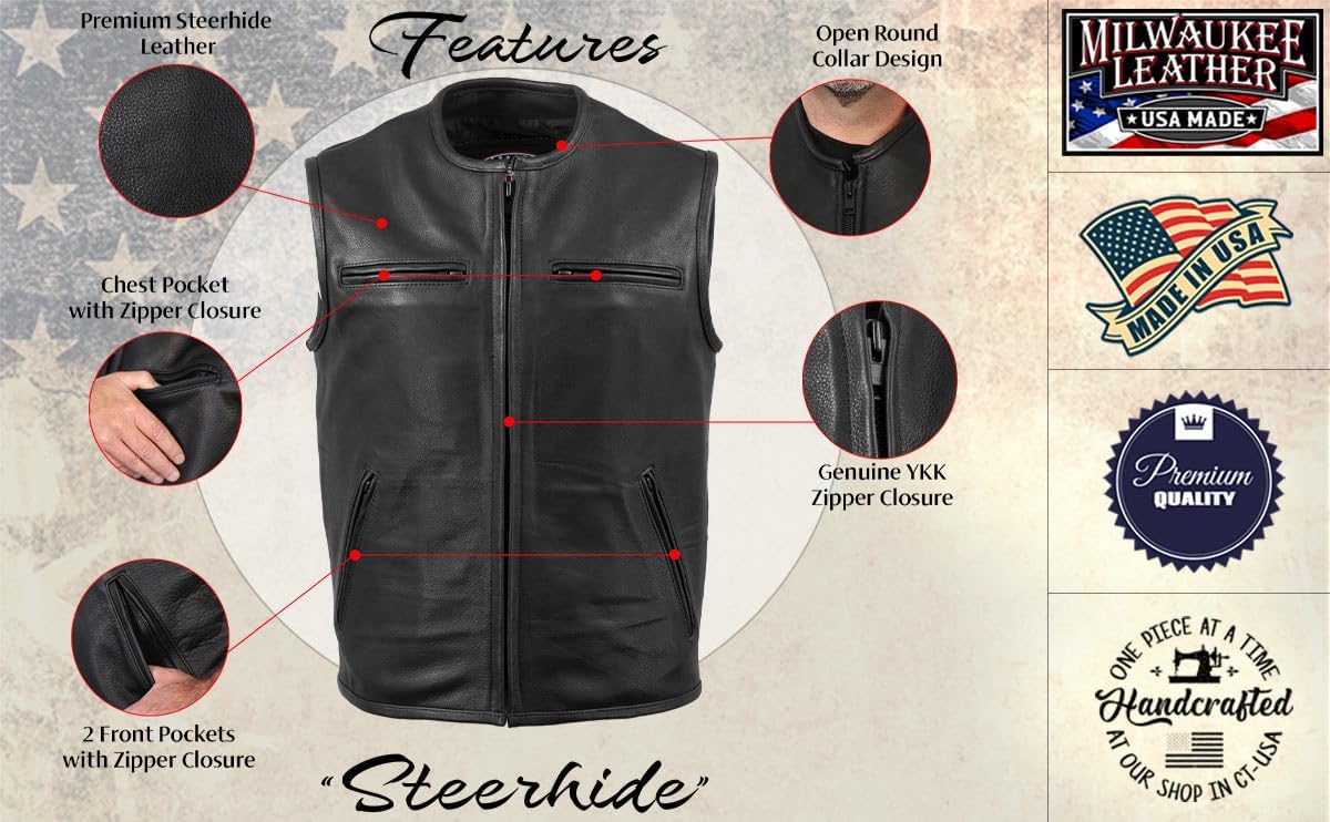 Milwaukee Leather USA MADE MLVSM5001 Men's Black Steerhide Premium Leather Motorcycle Club Style Vest - Image 2