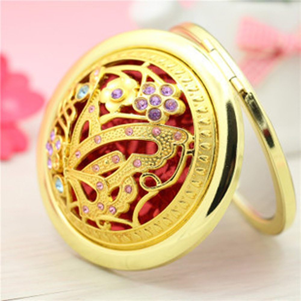 Duttek Mini Round Metal Cosmetic Makeup Double Compact Purse Mirror Pocket Mirror Double-sided Folding Cosmetic Round Mirror- Assorted Mirror Back Pattern Design(Gold)