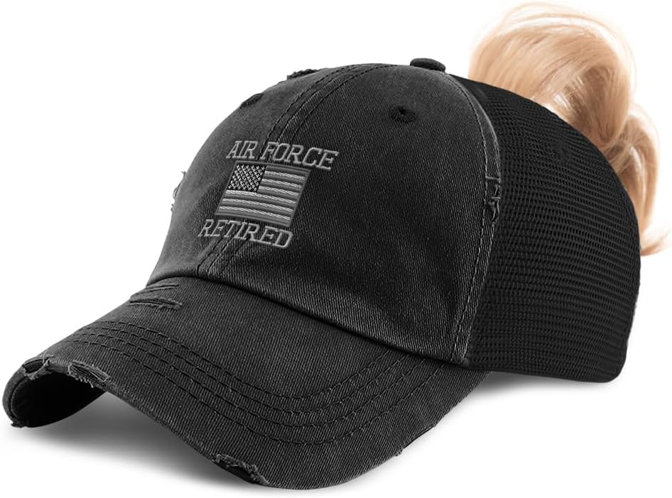 Ponytail Cap Women's Baseball Cap Embroidered Us Air Force Retired Sun Hat with Ponytail Hole High Pony Hat