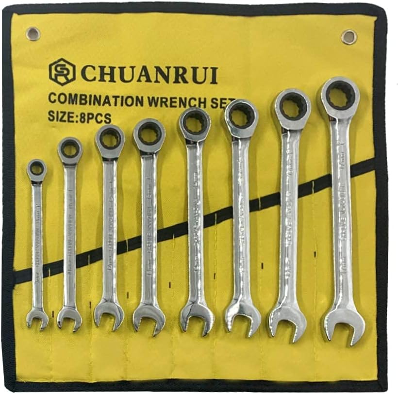80% Off Discount CHUANRUI 8-piece Ratcheting Combination Wrench Set, Chrome Vanadium Steel, Metric, 8mm to 17mm, with Carrying Pouch